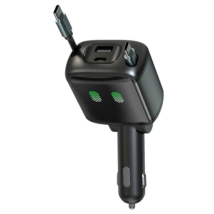 Black car charger with retractable Type-C cable tips and green LED indicator lights