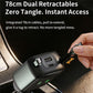 Black car charger with retractable Type-C cable extended; green LED grid on top