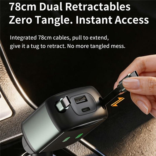 GE15 65W PD 4-Port Car Charger with Dual Retractable Type-C Cable & LED Ambient Light, GE15