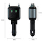 Black car charger size diagram with green LED indicator lights and retractable cables