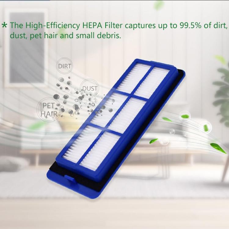 Angled robot vacuum filter with blue housing and white pleated HEPA media