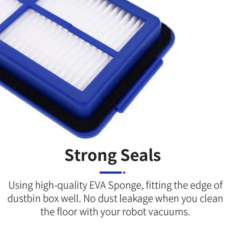 Close-up of blue-edged robot vacuum filter with white pleated media
