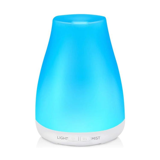 Ultrasonic essential oil diffuser with blue LED light and mist output, white base