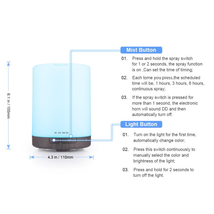 Ultrasonic essential oil diffuser with mist and light buttons, translucent top, dark base
