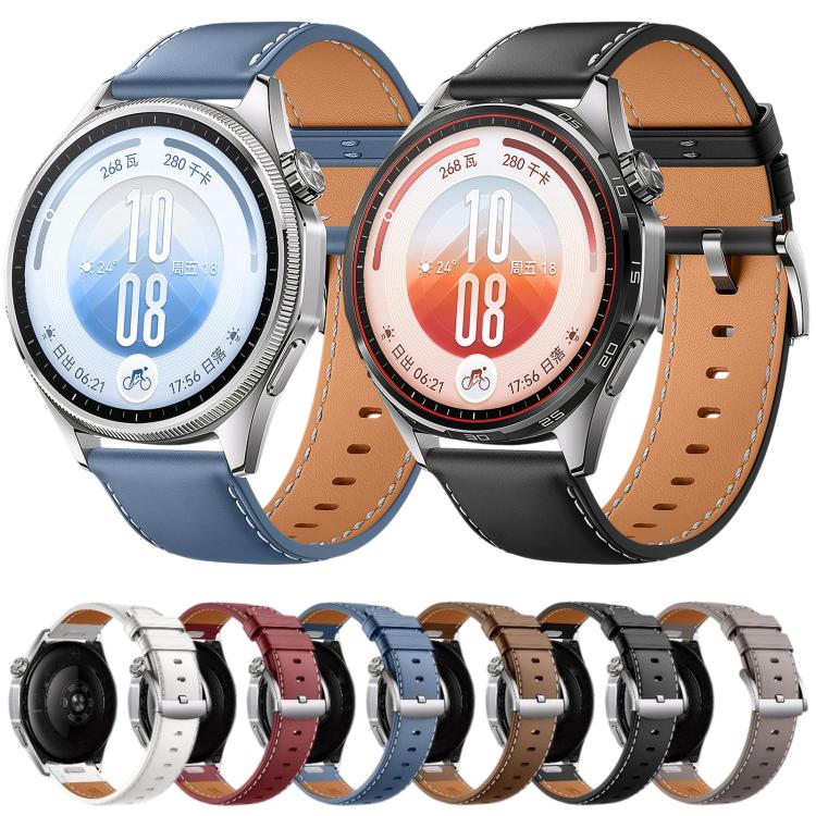 Press Button Pin Buckle Flat-End Genuine Leather Watch Band, 22mm