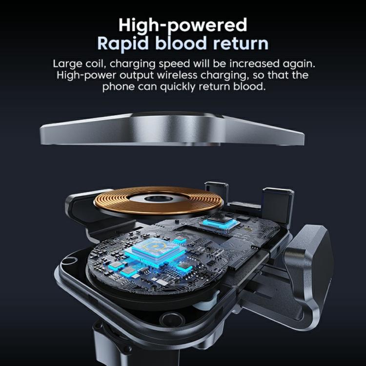 Qi wireless car charger phone holder with open cradle and charging coil pad under mount