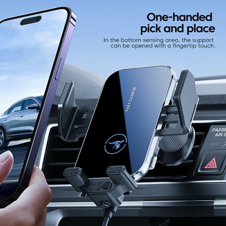 Qi wireless car charger phone holder for air vents, silver mount with one-hand snap placement