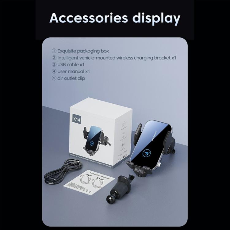 Qi wireless car charger kit with phone holder, cable, and air vent clip accessories