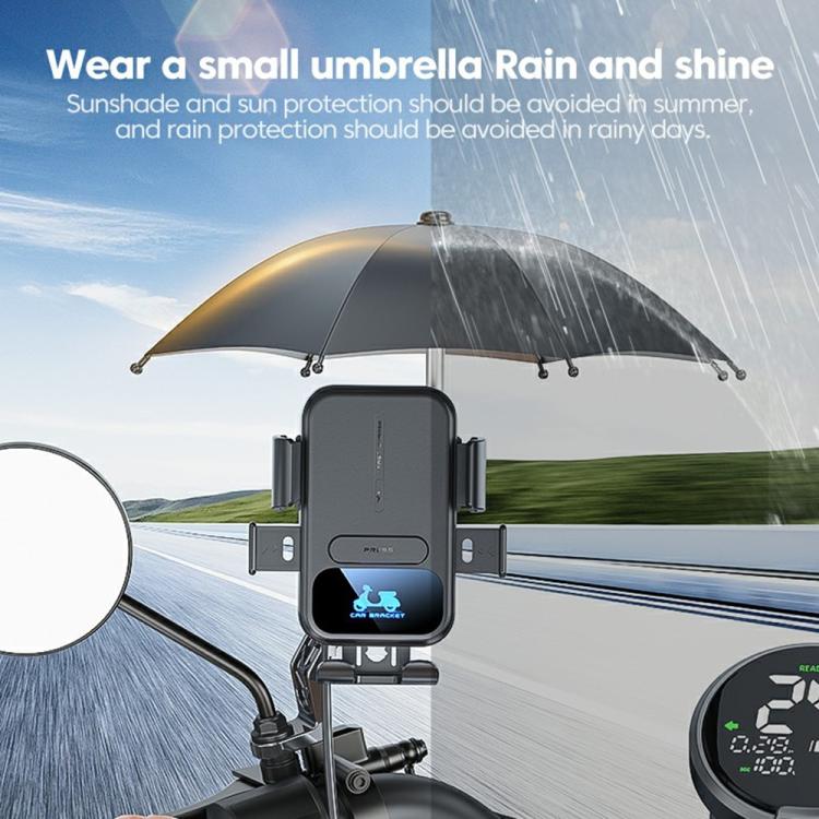 Wireless charging phone mount with rain-shelter styling, dark gray cradle and clamps