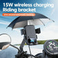 Wireless charging riding phone mount with automatic locking, phone cradled, dark gray
