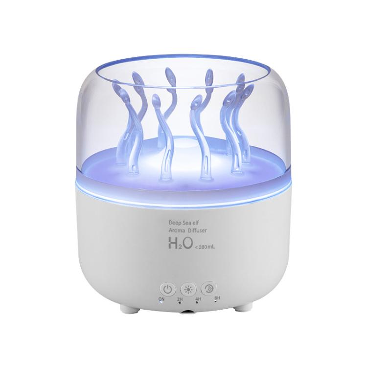 White aroma diffuser with rotating blue jellyfish water effect under clear top