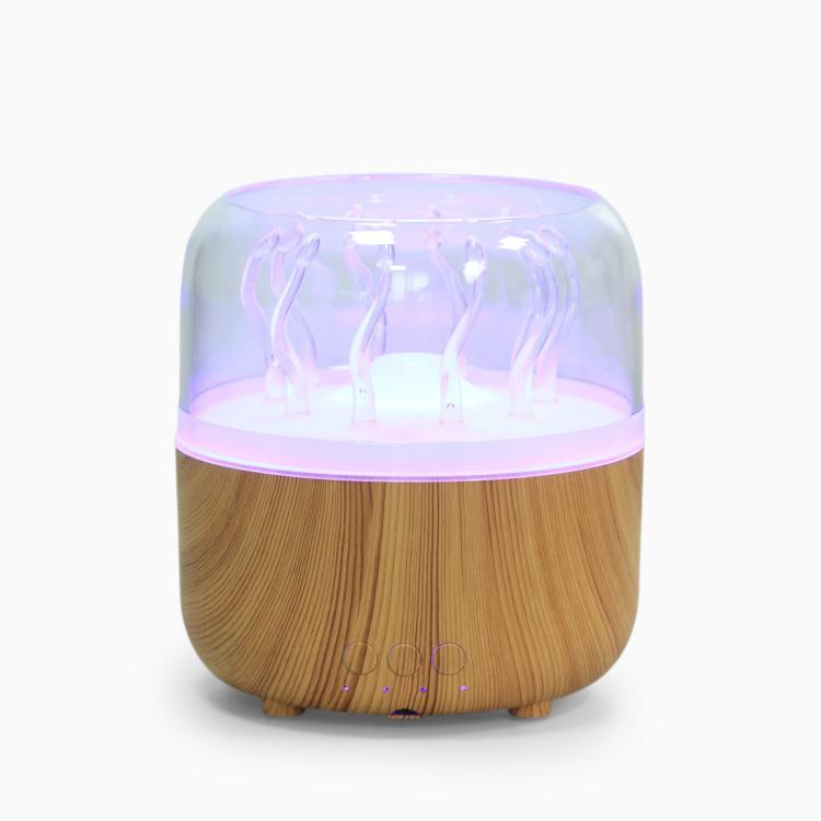 Light wood-grain aroma diffuser with rotating purple jellyfish water effect