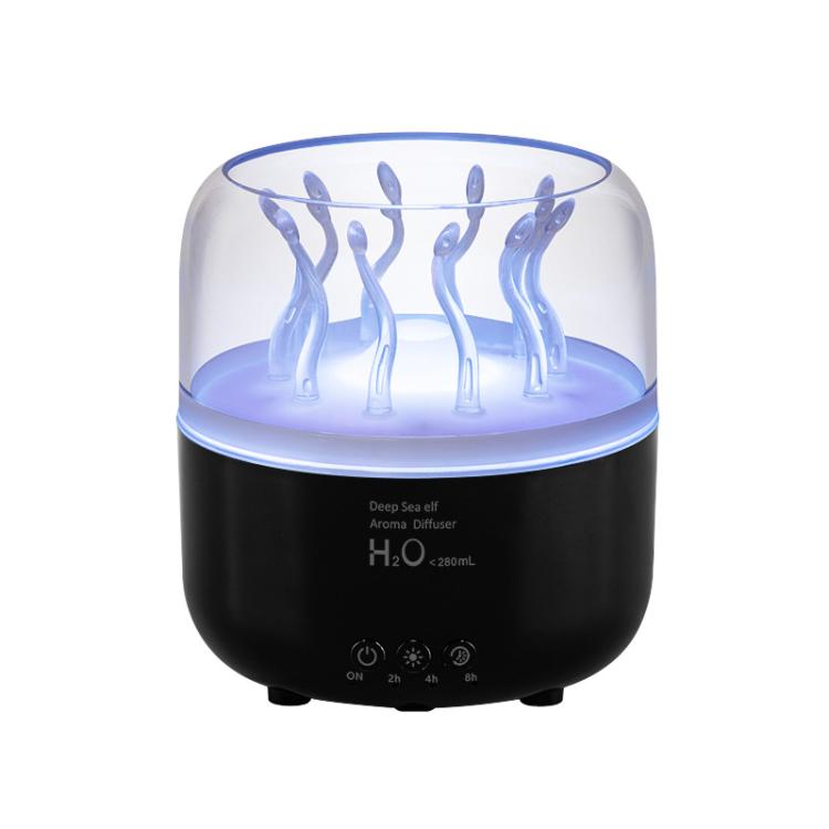 Black aroma diffuser with rotating blue jellyfish water effect and control buttons
