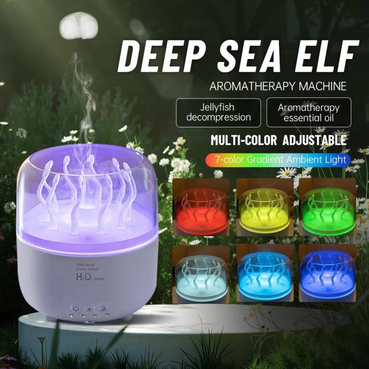 Purple-glowing aroma diffuser with rotating jellyfish water effect and clear dome