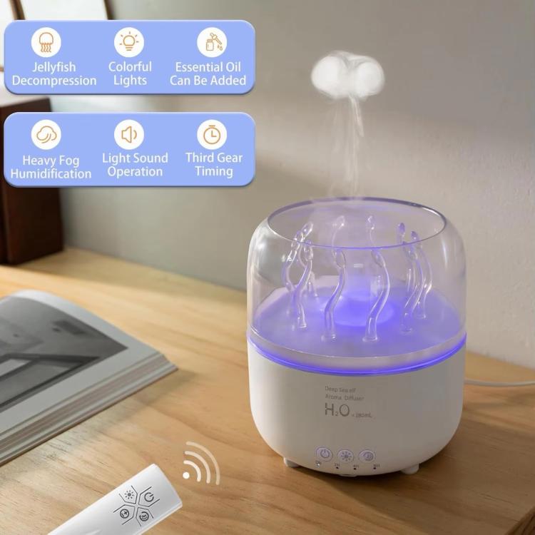 White aroma diffuser with purple-lit rotating jellyfish effect, front control panel