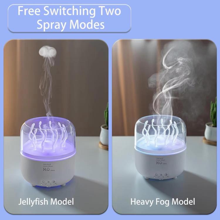 Purple-lit and blue-lit aroma diffuser units showing rotating jellyfish water effect
