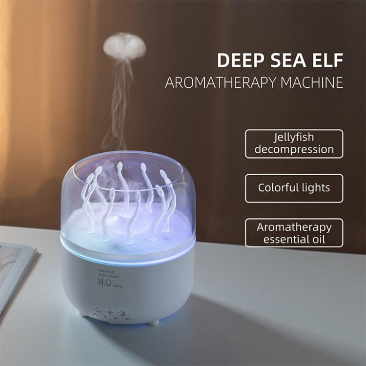 Blue-lit aroma diffuser with rotating jellyfish water effect on a table