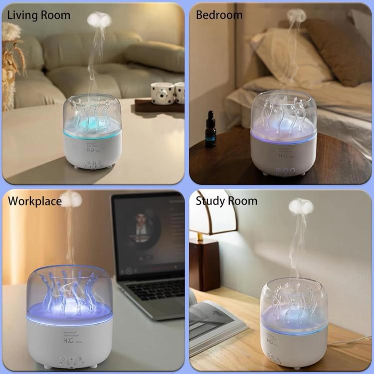 White aroma jellyfish mist diffuser with rotating blue LED light and fine mist
