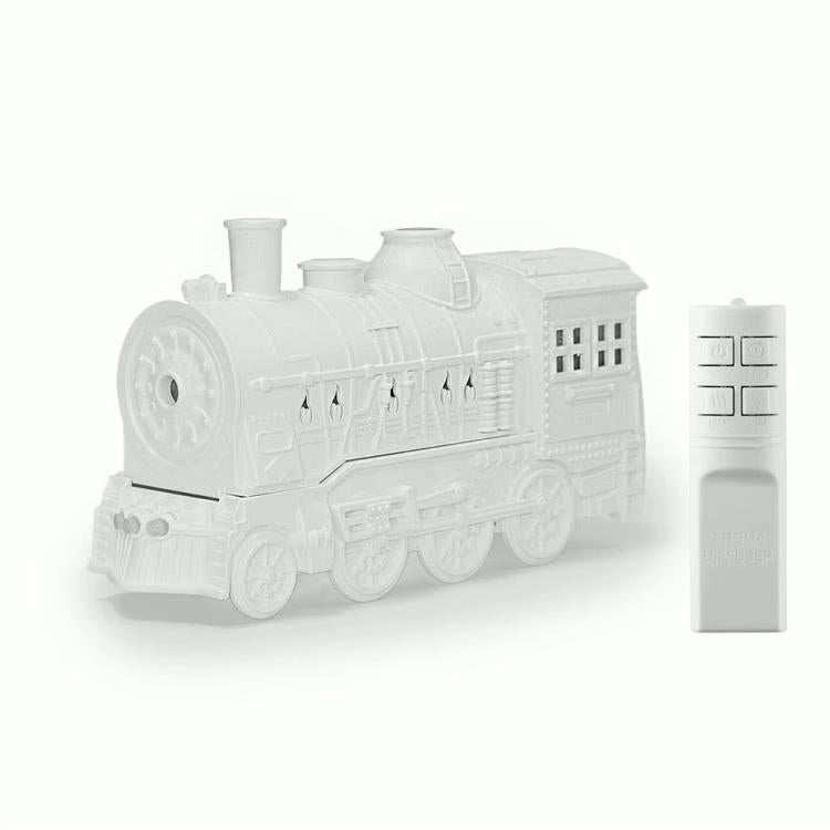 White steam-train aroma diffuser humidifier with attached remote control panel