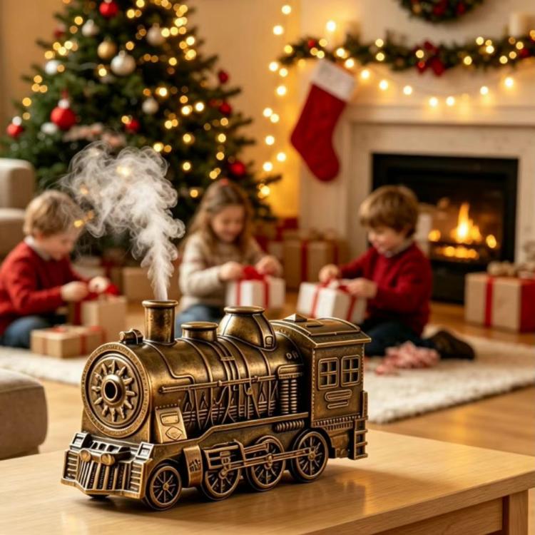 Train-shaped vintage humidifier releasing mist on table in a decorated living room