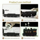 Black train-shaped humidifier setup steps showing add water, insert cable, start