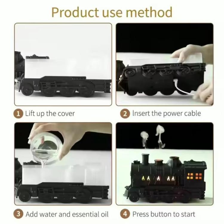 Black train-shaped humidifier setup steps showing add water, insert cable, start
