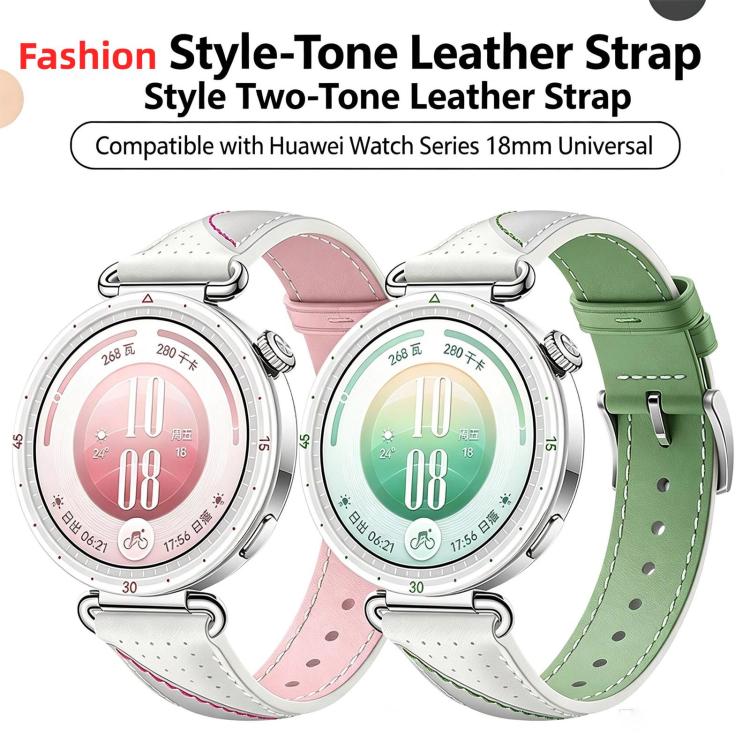 Spring Bar Style Pin Buckle Two-Tone Genuine Leather Watch Band, 18mm