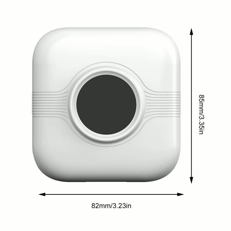 Mini thermal printer with round black print window; dimensions marked on side