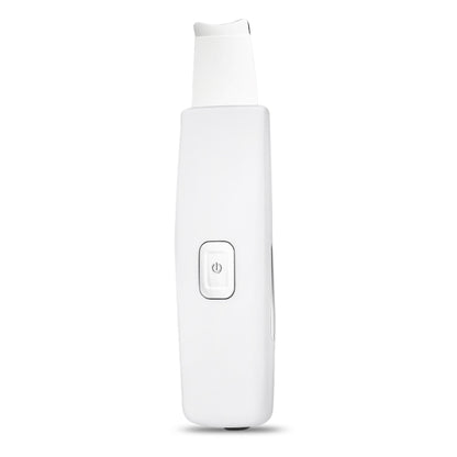 White electric ultrasonic facial scrubber with power button and gray applicator tip