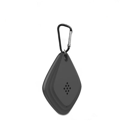 Portable ultrasonic mosquito repellent, dark teardrop body with carabiner and grille