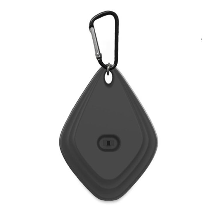 Portable ultrasonic mosquito repellent, dark teardrop body with on/off button and carabiner