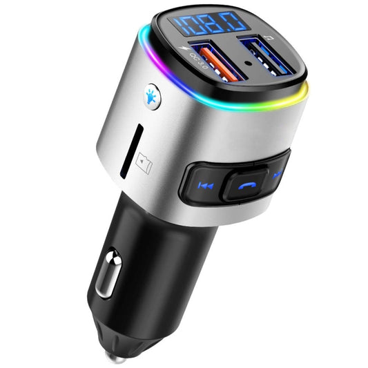 Angled silver-and-black car MP3 player Bluetooth receiver with multicolor LED display ring