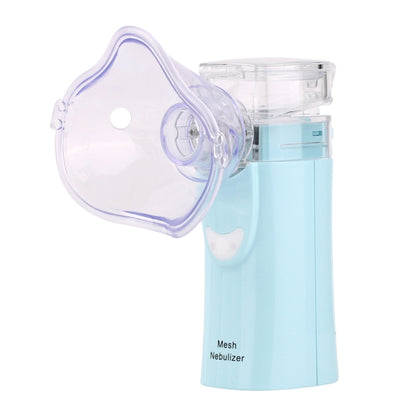 Light blue mesh nebulizer handheld device with clear top and face mask mouthpiece