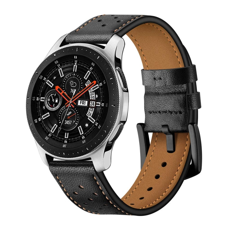 Leather eyelet sport watch strap in black with tan underside, buckle clasp and perforations