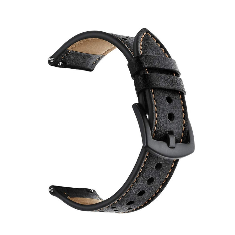 Leather sport watch strap in black with tan lining, perforations, and double-buckle style