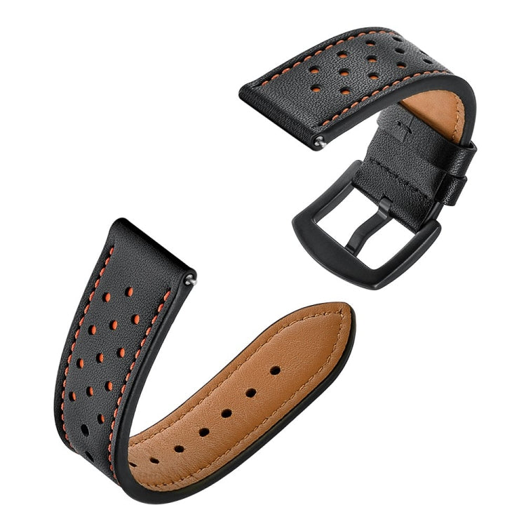 Leather sport watch strap in black with tan lining, perforations, and buckle clasp