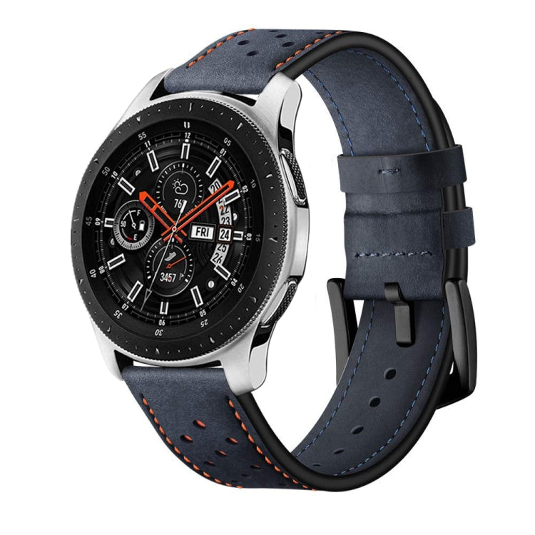 Leather sport watch strap in dark blue with perforations, orange stitching, and buckle clasp
