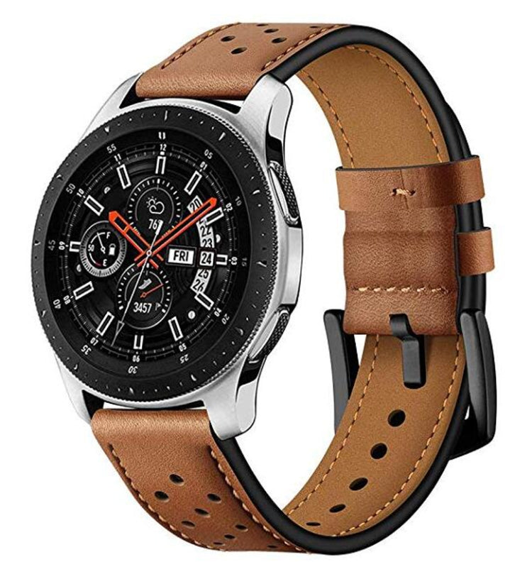 Leather sport watch strap in brown with perforations, tan interior, and buckle clasp