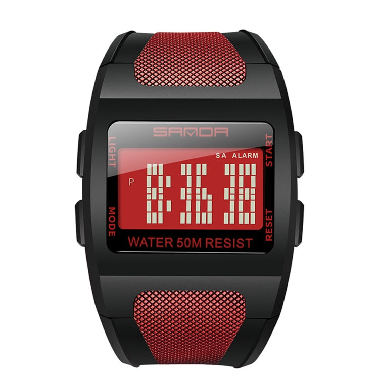 Men's square digital sports watch with red display and textured red silicone strap