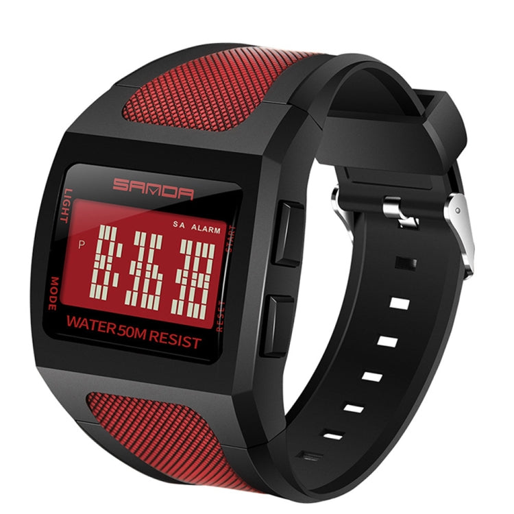 Square digital sports watch with red screen, black case, and textured red strap