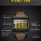 Black square digital sports watch with gold mesh panels and LCD display
