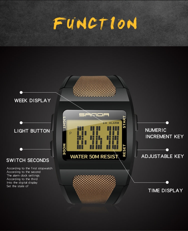 Black square digital sports watch with gold mesh panels and LCD display