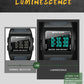 Black square digital sports watch showing dim and bright LCD display views