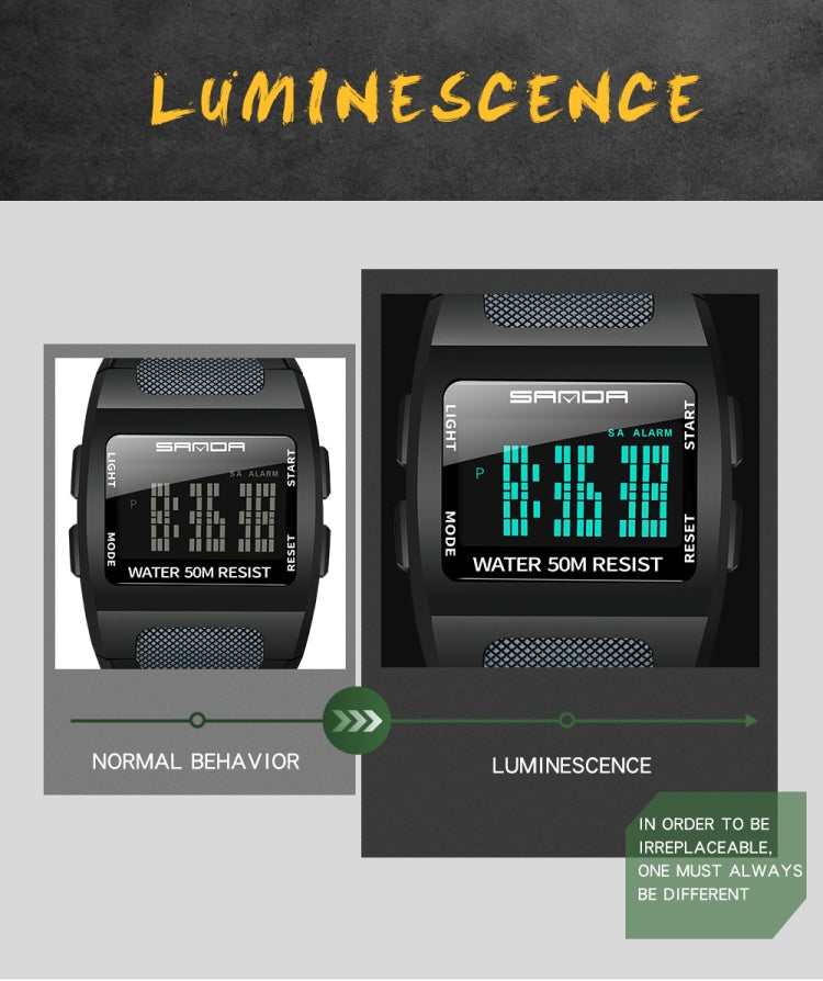 Black square digital sports watch showing dim and bright LCD display views