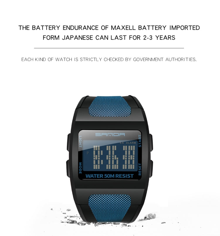 Black square digital sports watch with blue mesh strap and waterproof LCD display