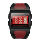 Men's square digital sports watch with red alarm display and textured red strap