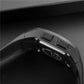 Close-up of square watch side buttons on black case