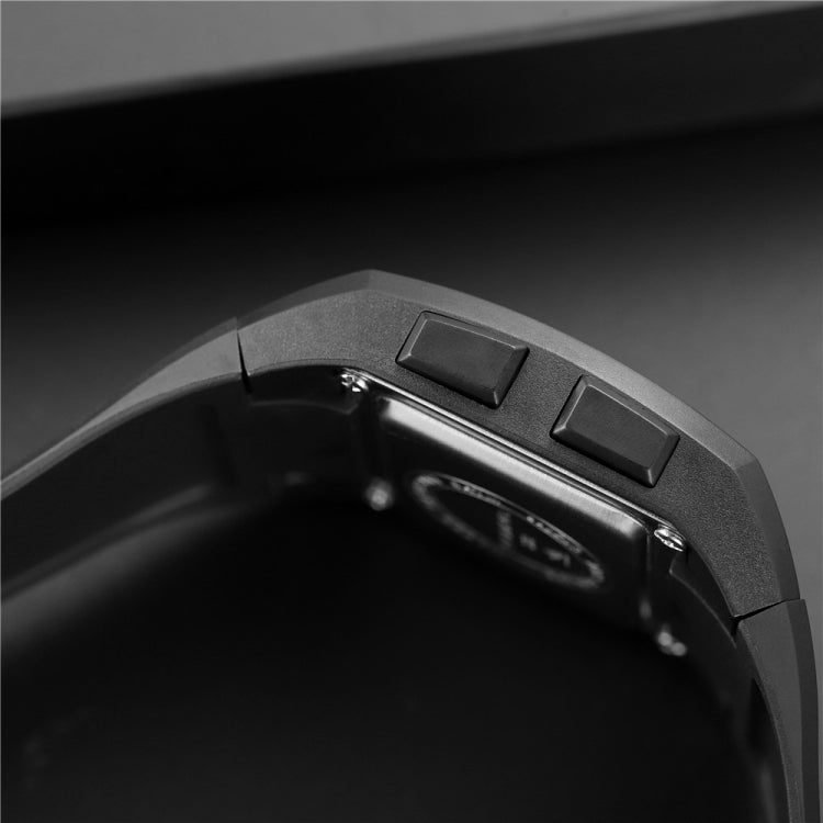Close-up of square watch side buttons on black case