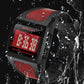Square digital sports watch with red display and splashing water effect