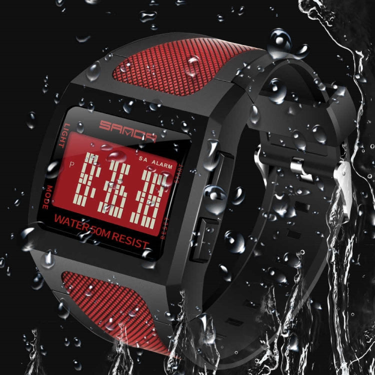 Square digital sports watch with red display and splashing water effect